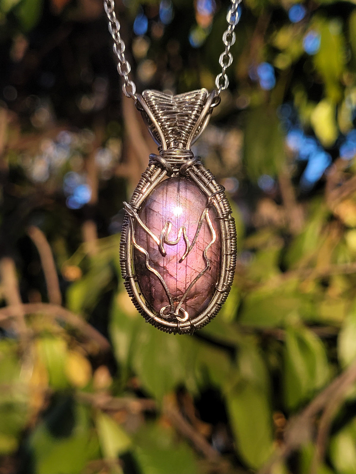Pink Labradorite Bat Pendant