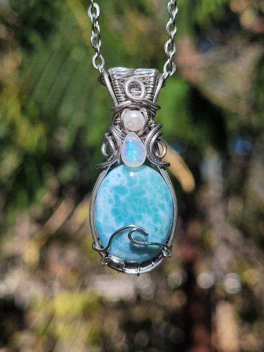 Larimar, Moonstone, Pearl Wire Wrapped Pendant
