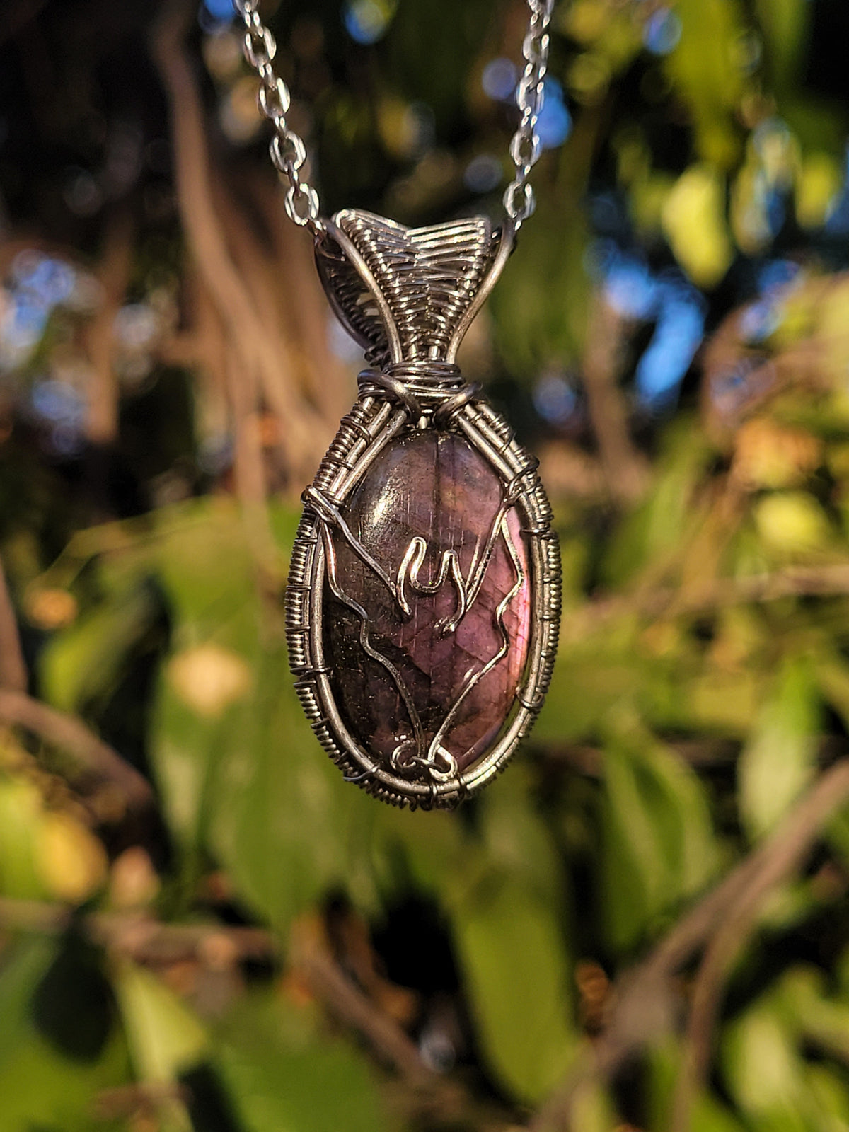 Pink Labradorite Bat Pendant