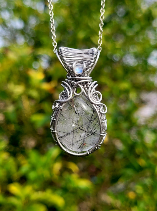 Tourmalinated Quartz + Moonstone Wire Wrapped Pendant