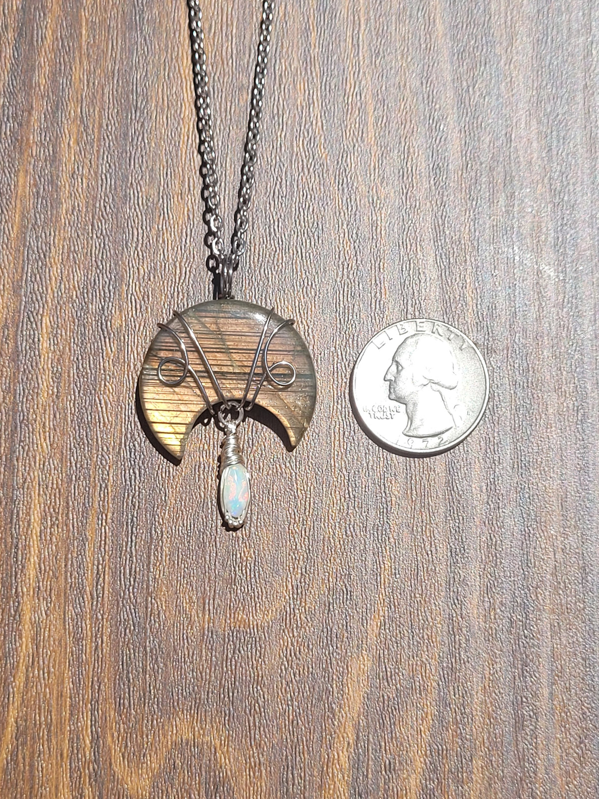 Labradorite Moon + Opal Wire Wrapped Pendant