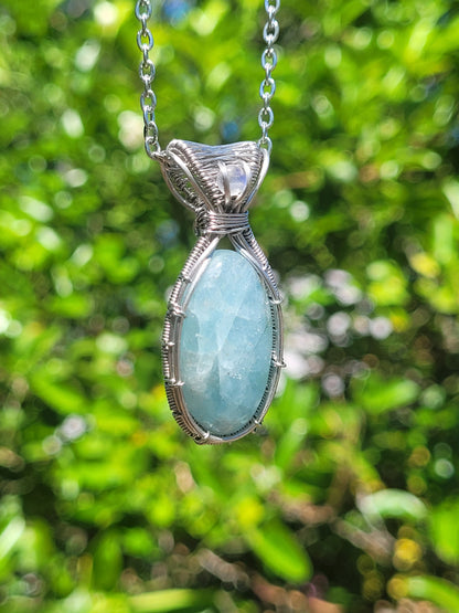 Aquamarine + Moonstone Wire Wrapped Pendant