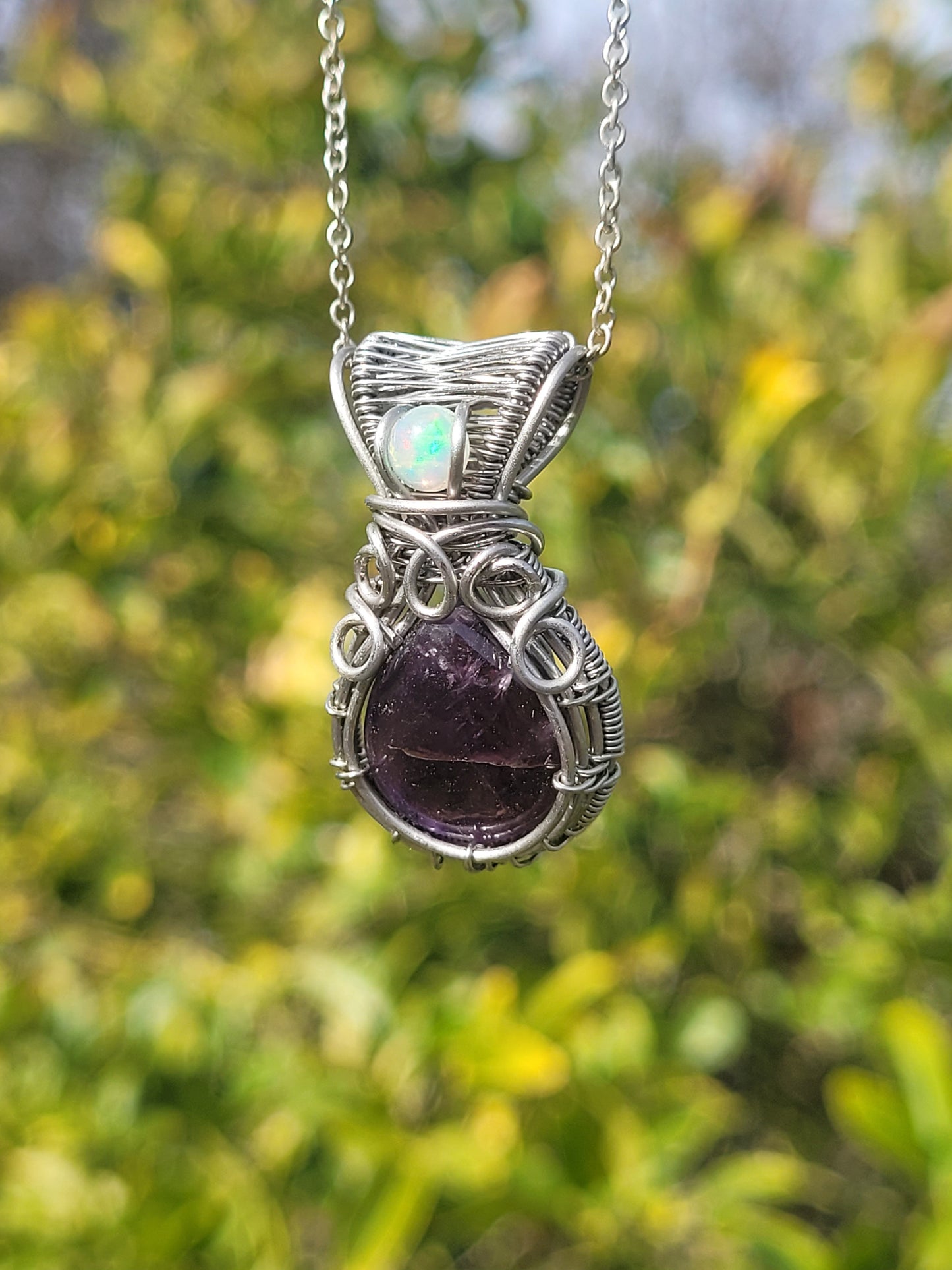 Amethyst + Opal Wire Wrapped Pendant